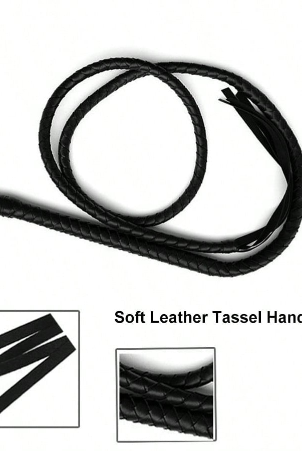Black 6.2 Foot Long Whip Indiana Leather Equestrian Bull Braid Handle - angle view