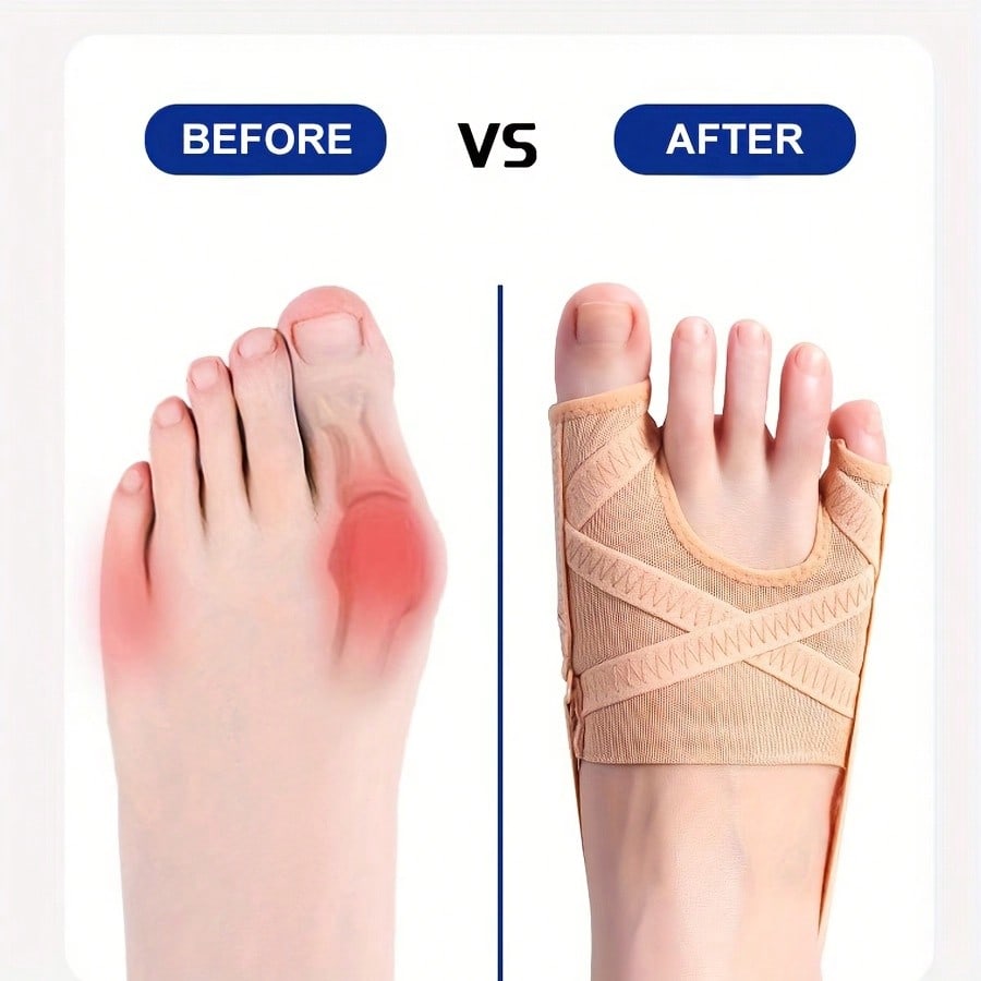 Lifestyle image of woman wearing bunion corrector at home for everyday comfort