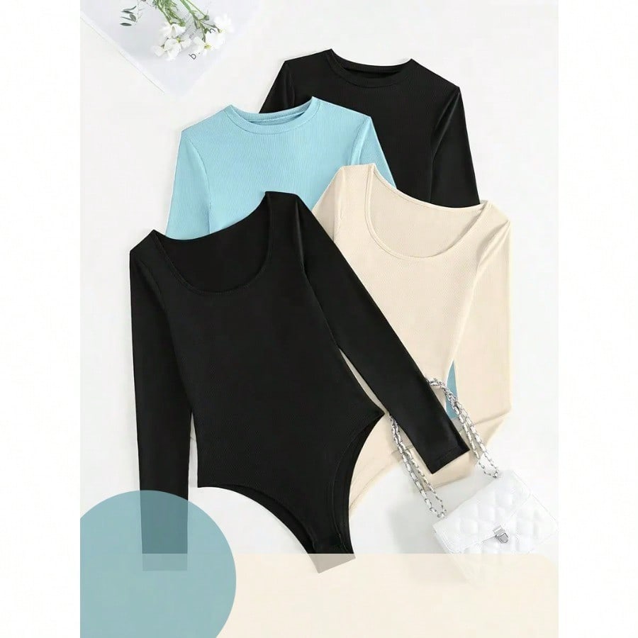 Casual Long Sleeve Slim Bodysuit, Women's Clothing 4 PACKS Blue+White+black, XL - view 3 of 9