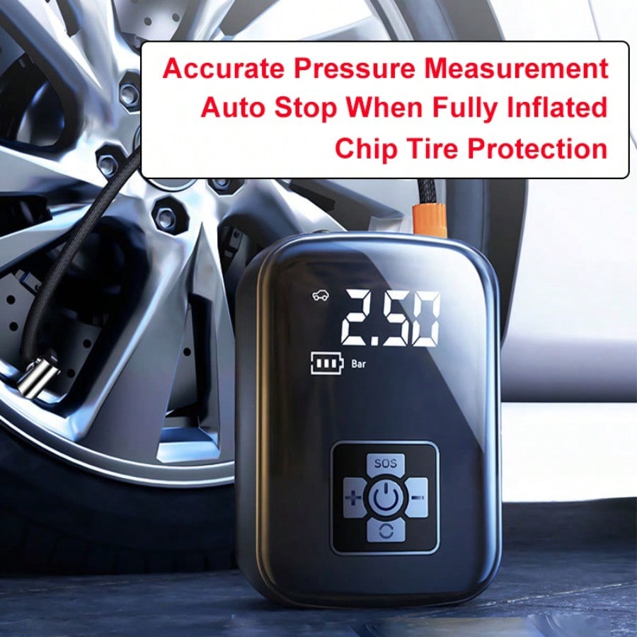 Portable Car Tire Inflator, Wireless Air Pump with Digital Display, Auto Stop Inflation, Emergency SOS Light, 12V DC/Rechargeable for Car, Motorcycle, Bike, Balls - view 2 of 7