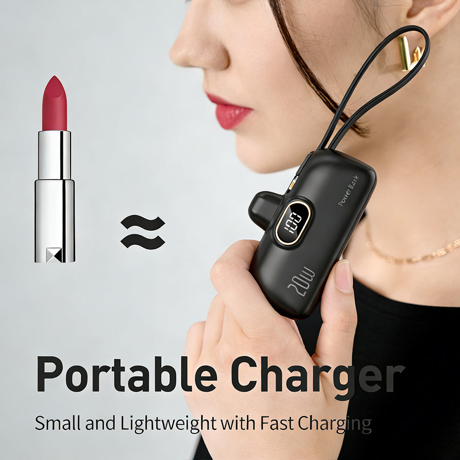 Portable Power Bank (5000mAh) — Supports PD Fast Charging, Compact Direct-Plug Design, with LED Display; Compatible with iOS and Android Phones, Includes Type-C Plug and Charging Cable (1-Pack) — Black - view 1 of 8