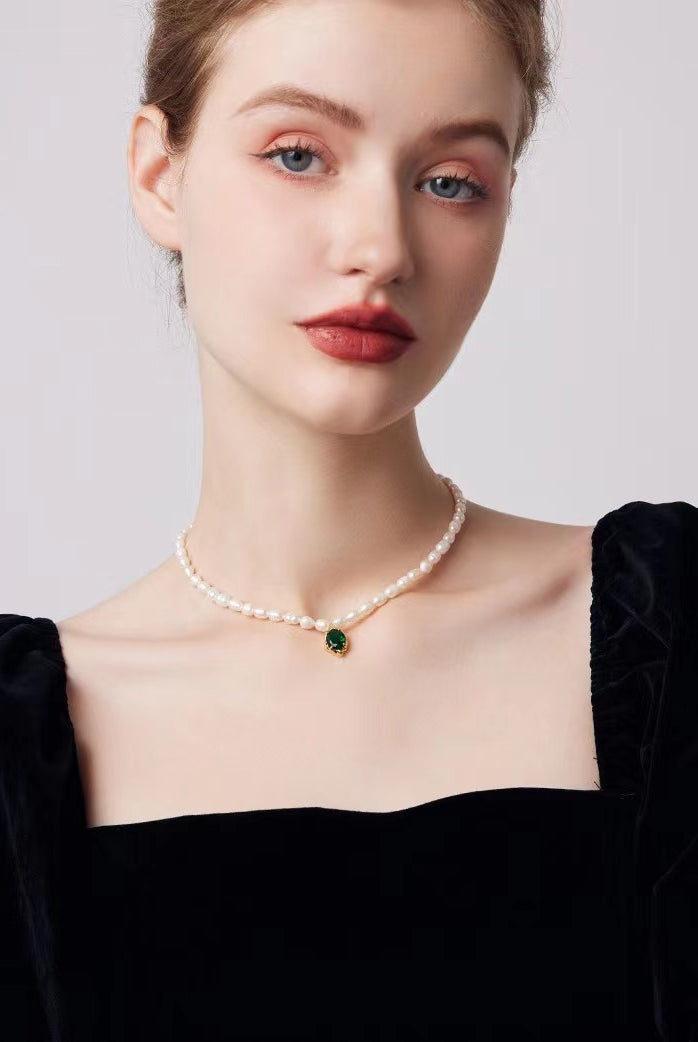Baroque Choker Necklace - Natural Pearl Hand Charm Pendant Silver - angle view