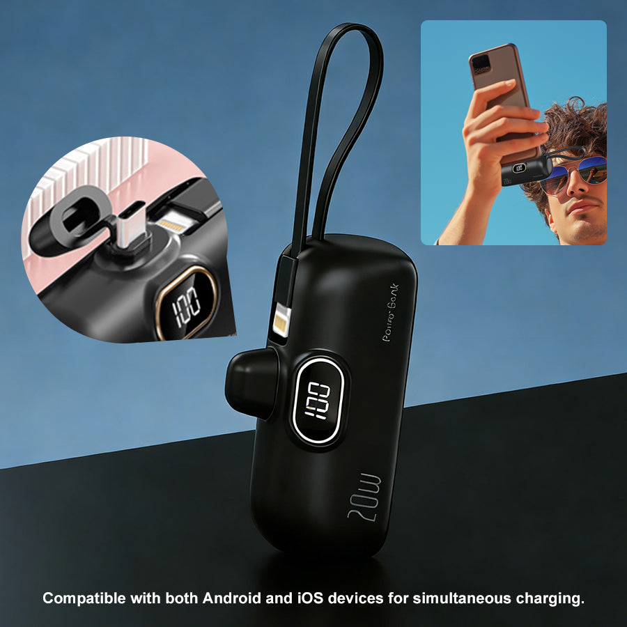 Portable Power Bank (5000mAh) — Supports PD Fast Charging, Compact Direct-Plug Design, with LED Display; Compatible with iOS and Android Phones, Includes Type-C Plug and Charging Cable (1-Pack) — Black - view 2 of 8