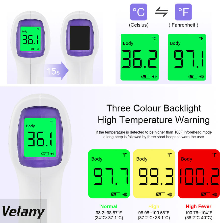 VELANY 1st-Gen Chip Infrared Forehead Thermometer for Adults (Batteries Not Included in Package, Requires 4 AAA Batteries, Must Be Purchased Separately)- Non Contact, High Caliber Sensor, Accurate Reading with Fever Alarm and Memory Function - view 3 of 5