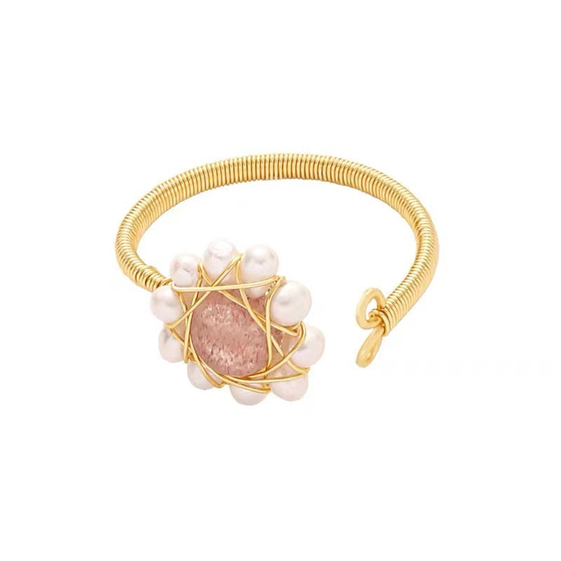 Vintage Oval Rose Quartz Pearl Waving Beaded Engagement Ring 14k Rose Gold Marquise Moissanite Ring Nature Inspired Ring, Art for Women - view 1 of 4