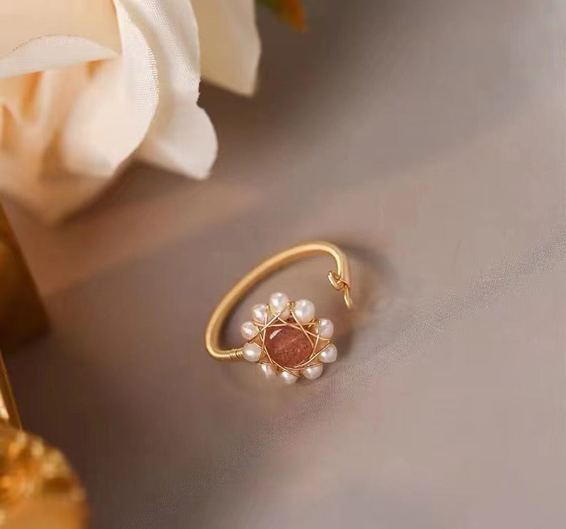 Vintage Oval Rose Quartz Pearl Waving Beaded Engagement Ring 14k Rose Gold Marquise Moissanite Ring Nature Inspired Ring, Art for Women - view 4 of 4