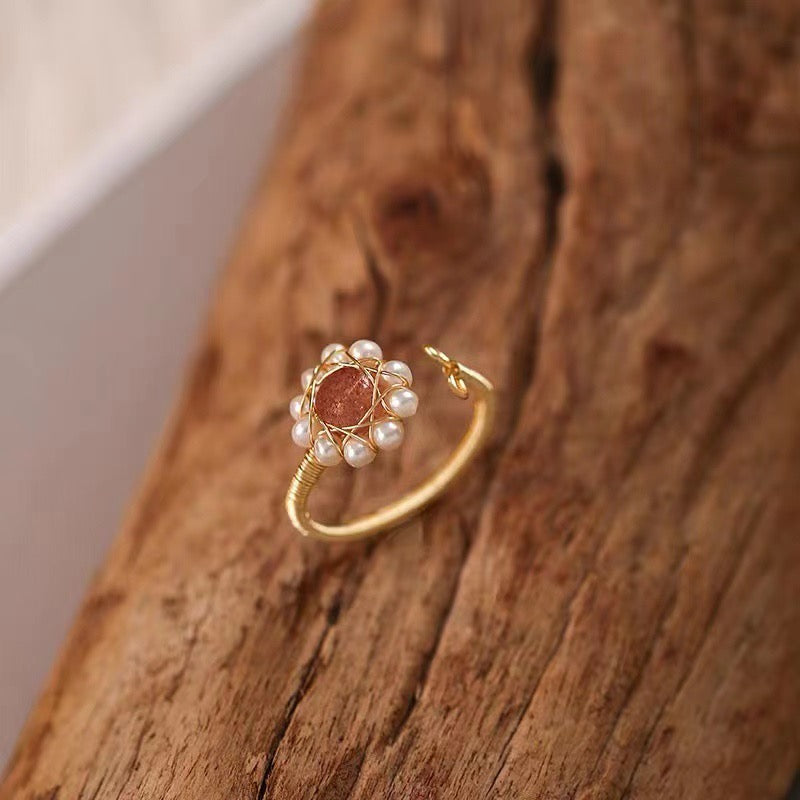 Vintage Oval Rose Quartz Pearl Waving Beaded Engagement Ring 14k Rose Gold Marquise Moissanite Ring Nature Inspired Ring, Art for Women - view 3 of 4