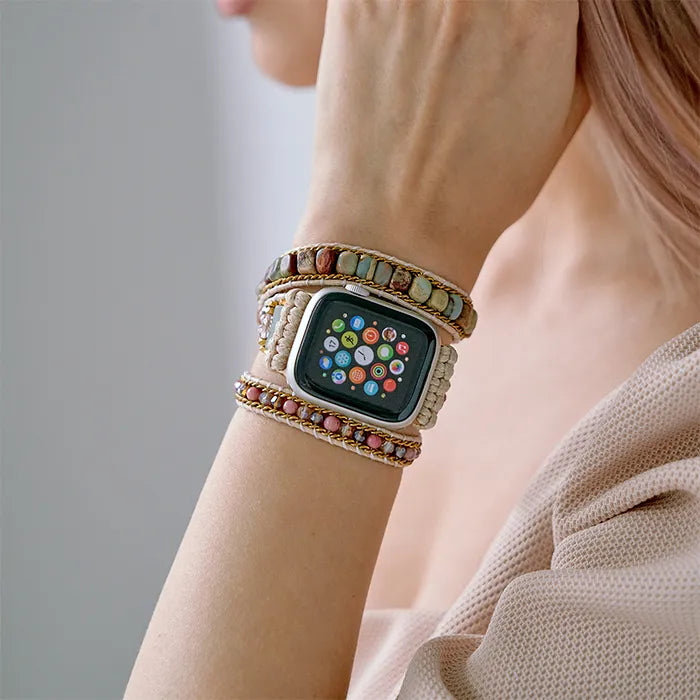 Mahogany Grain Boho Beaded Apple Watch Band – Handmade Natural Stone Bracelet Strap - view 2 of 7