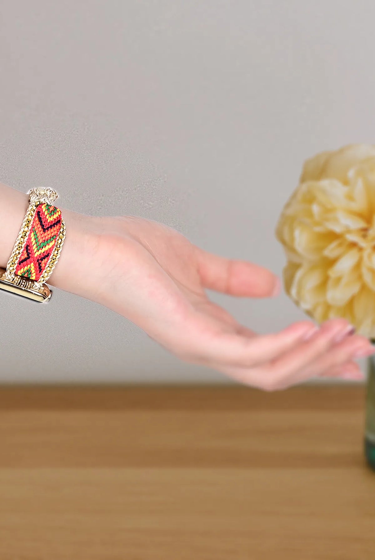Orange-Red Boho Beaded Apple Watch Band - Handmade Gemstone - side view