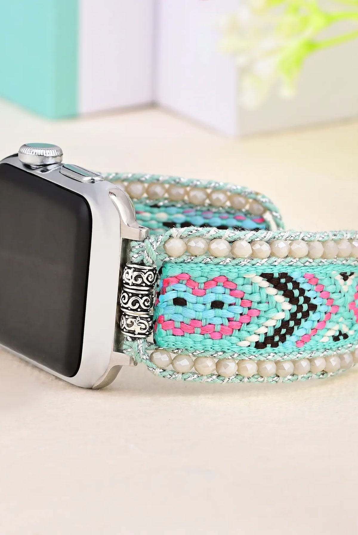 Mint Green Boho Beaded Apple Watch Band - Handmade Gemstone - side view