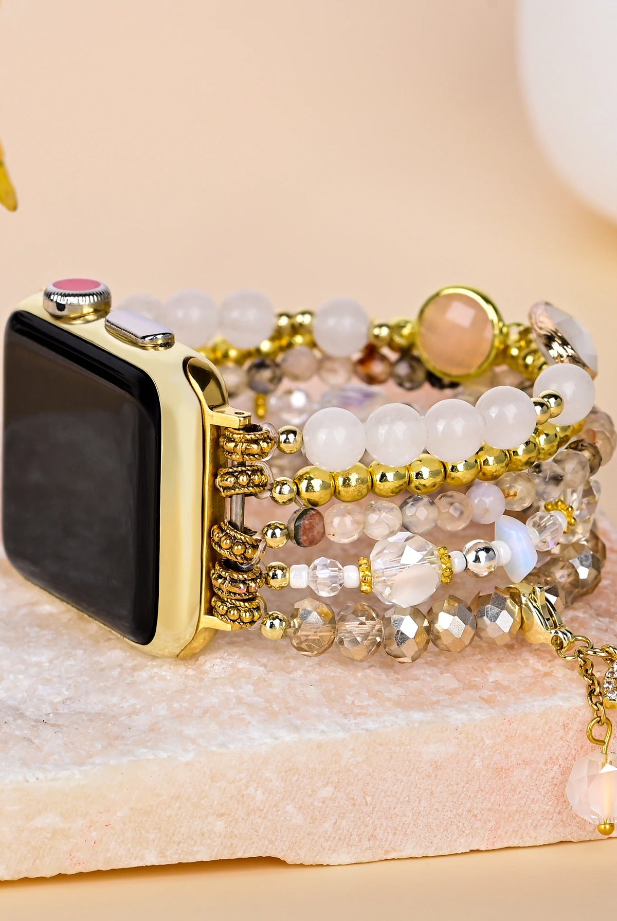 White Opal Boho Beaded Apple Watch Band - Handmade Gemstone - detail view