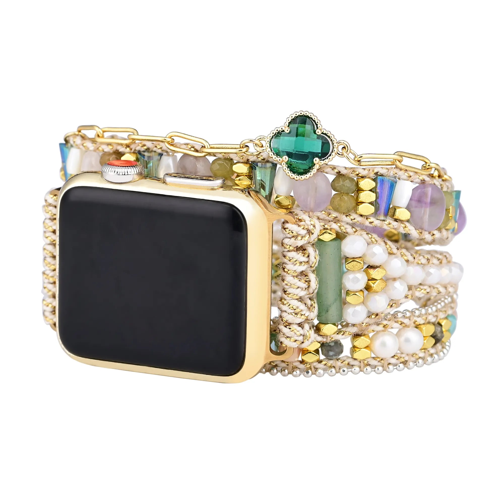 green clover watch band - boho beaded apple watch strap - handmade gemstone bracelet - bohemian apple watch band - natural energy crystal watch strap - apple watch accessory - handmade watch band - beaded smartwatch strap - unique apple watch band - gemstone watch band