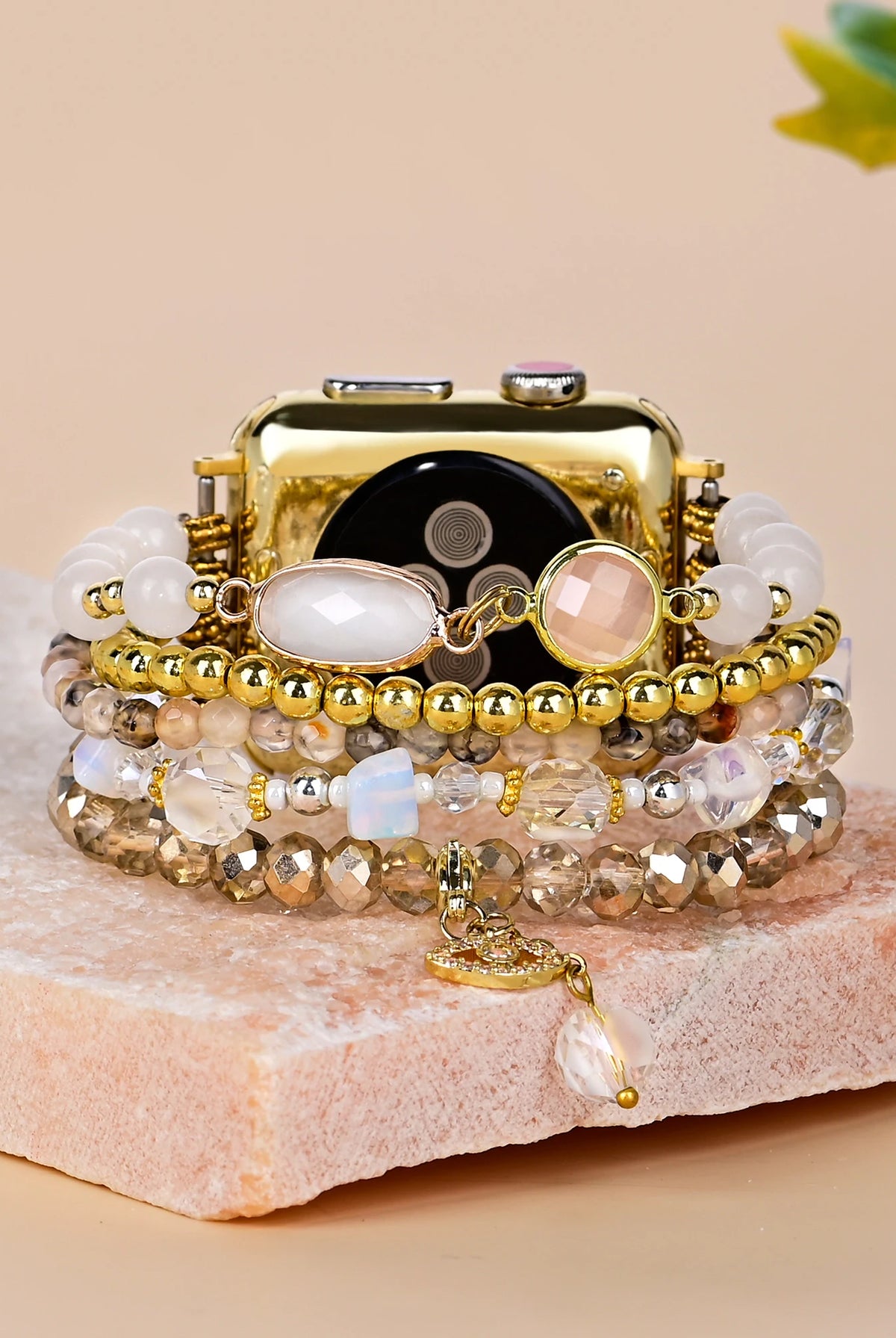 White Opal Boho Beaded Apple Watch Band - Handmade Gemstone - angle view