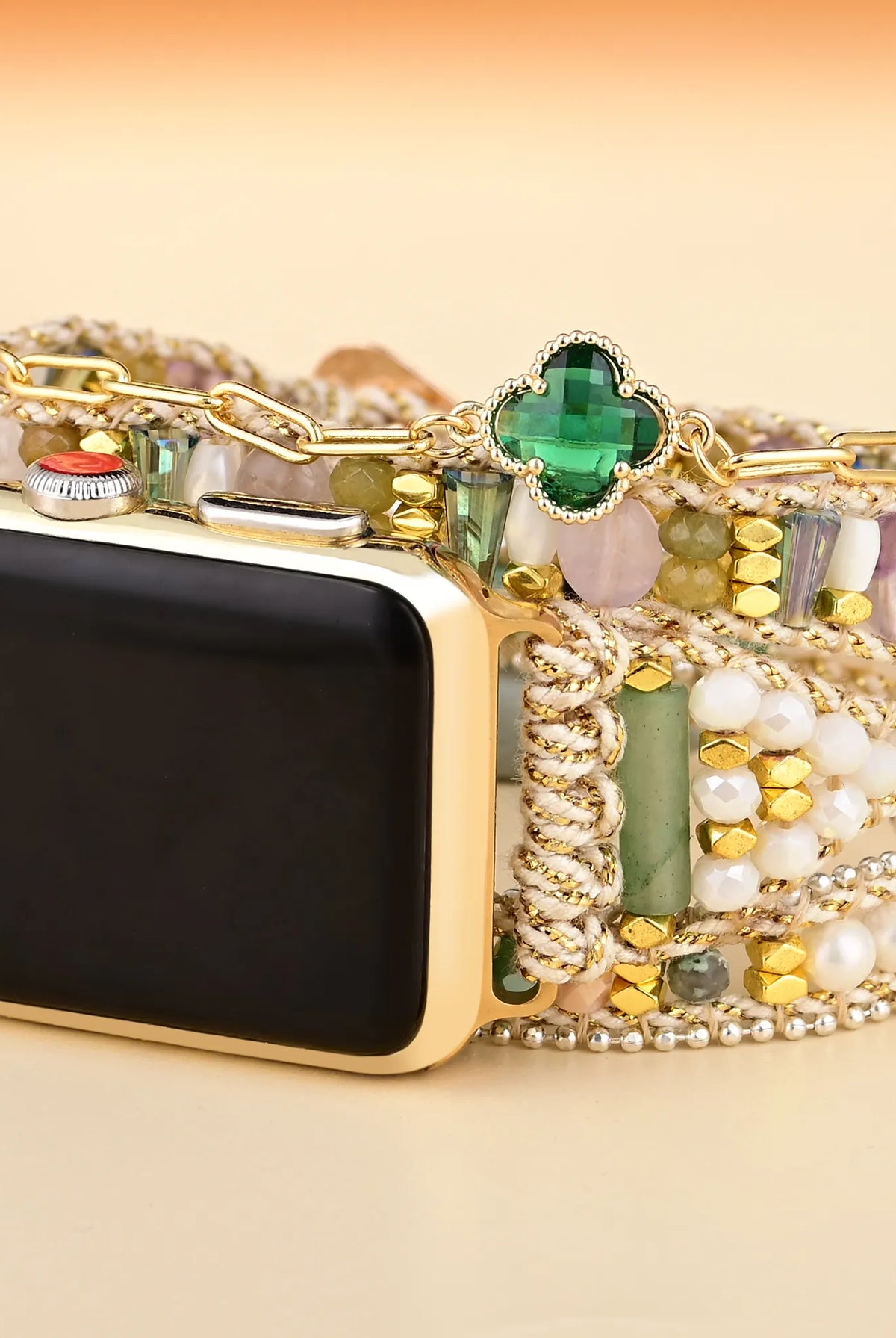 3-Layer Green Clover Crystal Watch Band - Natural Energy Beaded - side view