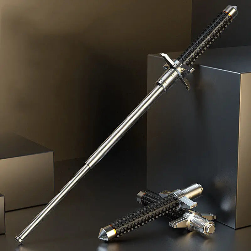 Retractable hiking pole displayed on platform for outdoor and self-defense use-outdoor walking hiking poles-telescopic hiking poles-self-supporting hiking poles-durable hiking poles-adjustable hiking poles-collapsible hiking poles-premium trekking poles-hiking poles for rough terrain-best hiking poles-hiking poles for outdoor adventures