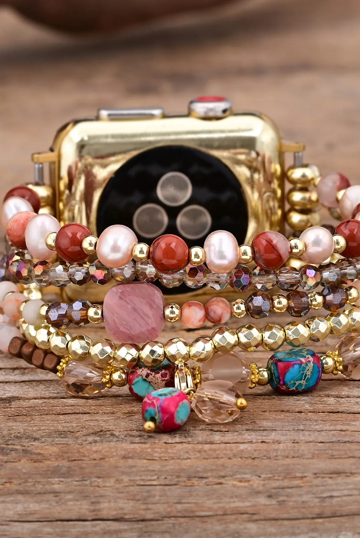 Rosewood Grain Boho Beaded Apple Watch Band - Handmade Gemstone - angle view