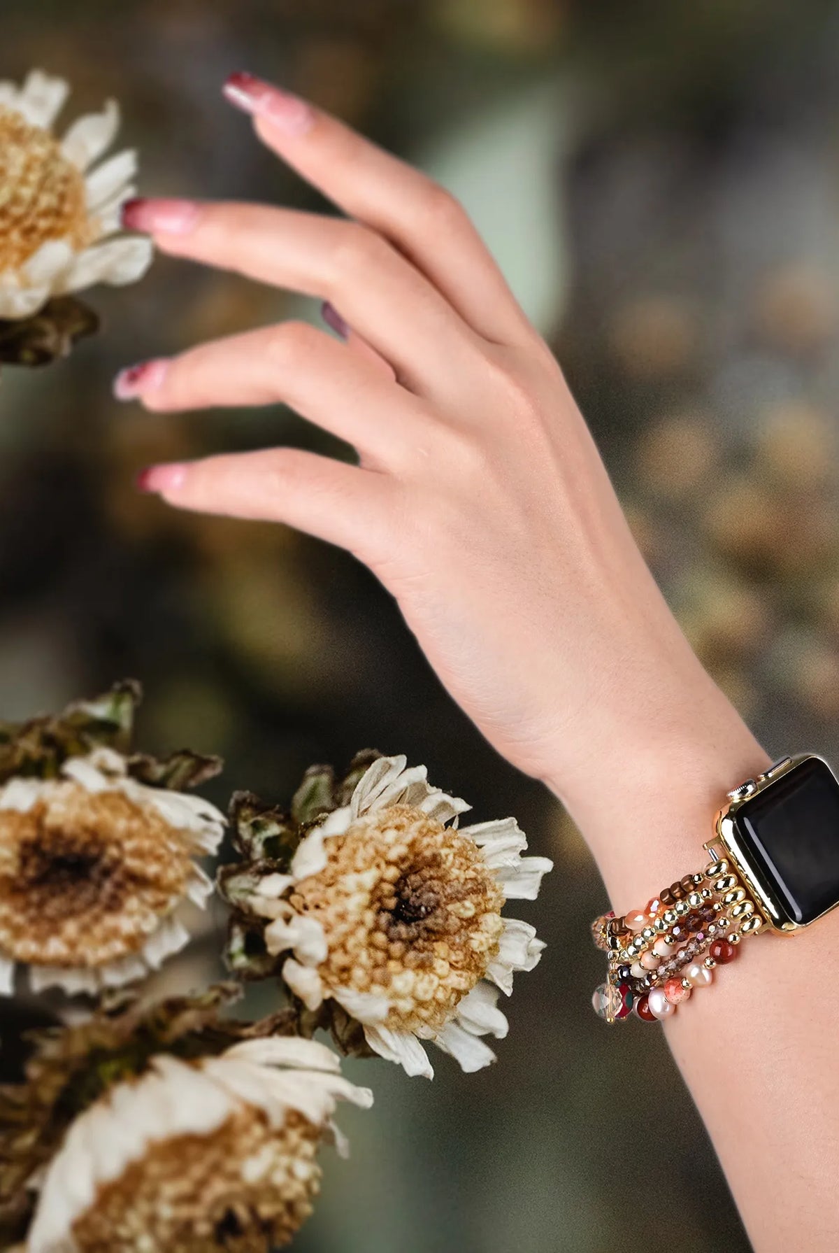 Rosewood Grain Boho Beaded Apple Watch Band - Handmade Gemstone - side view