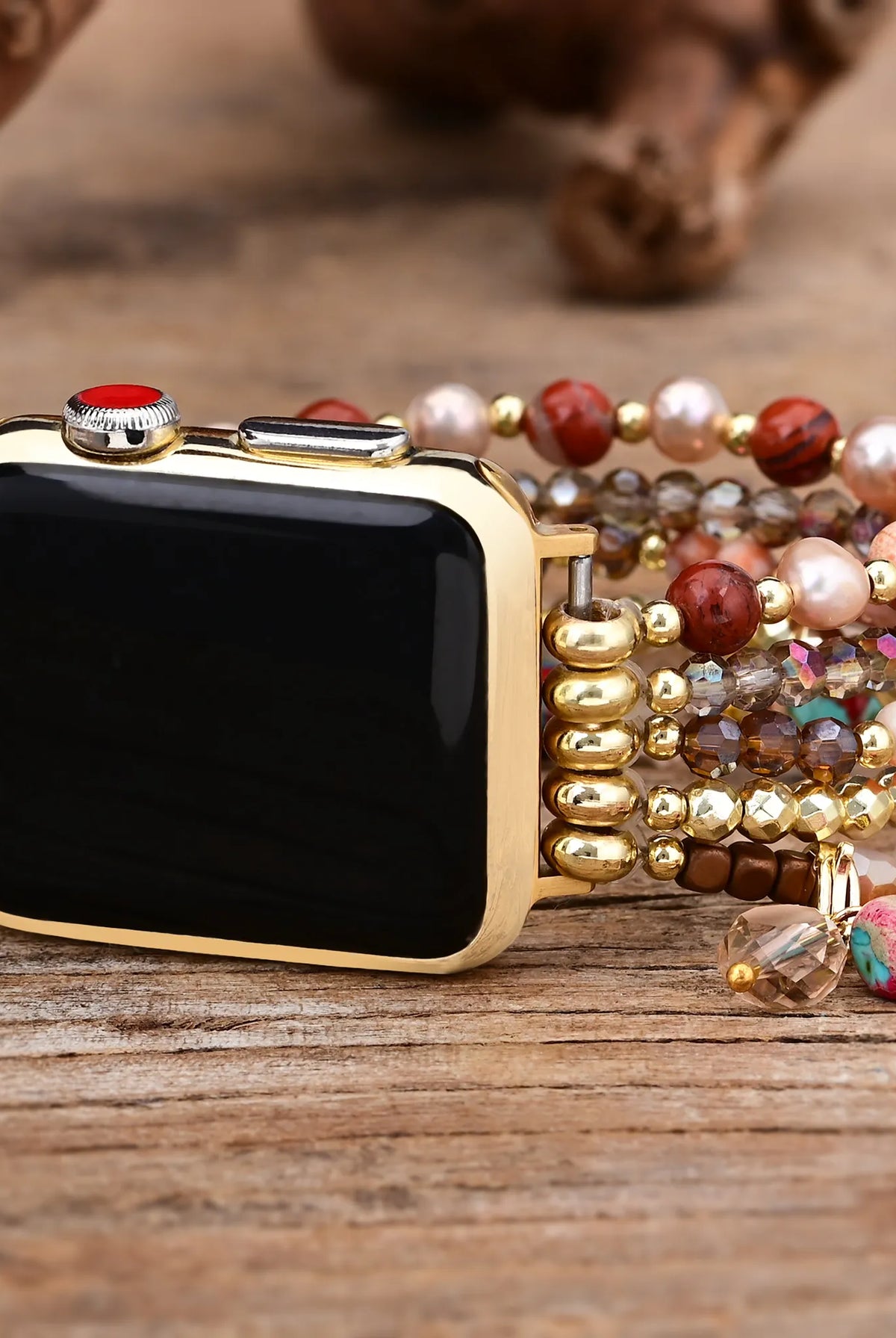 Rosewood Grain Boho Beaded Apple Watch Band - Handmade Gemstone - detail view