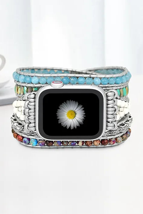 blue topaz apple watchband - handmade boho watch band - natural stone beaded smartwatch band - energy crystal apple watch band - unique beaded smartwatch bracelet - adjustable apple watch strap - bohemian style watch band - natural gemstone watch strap - handcrafted apple watch accessory - spiritual healing watch band