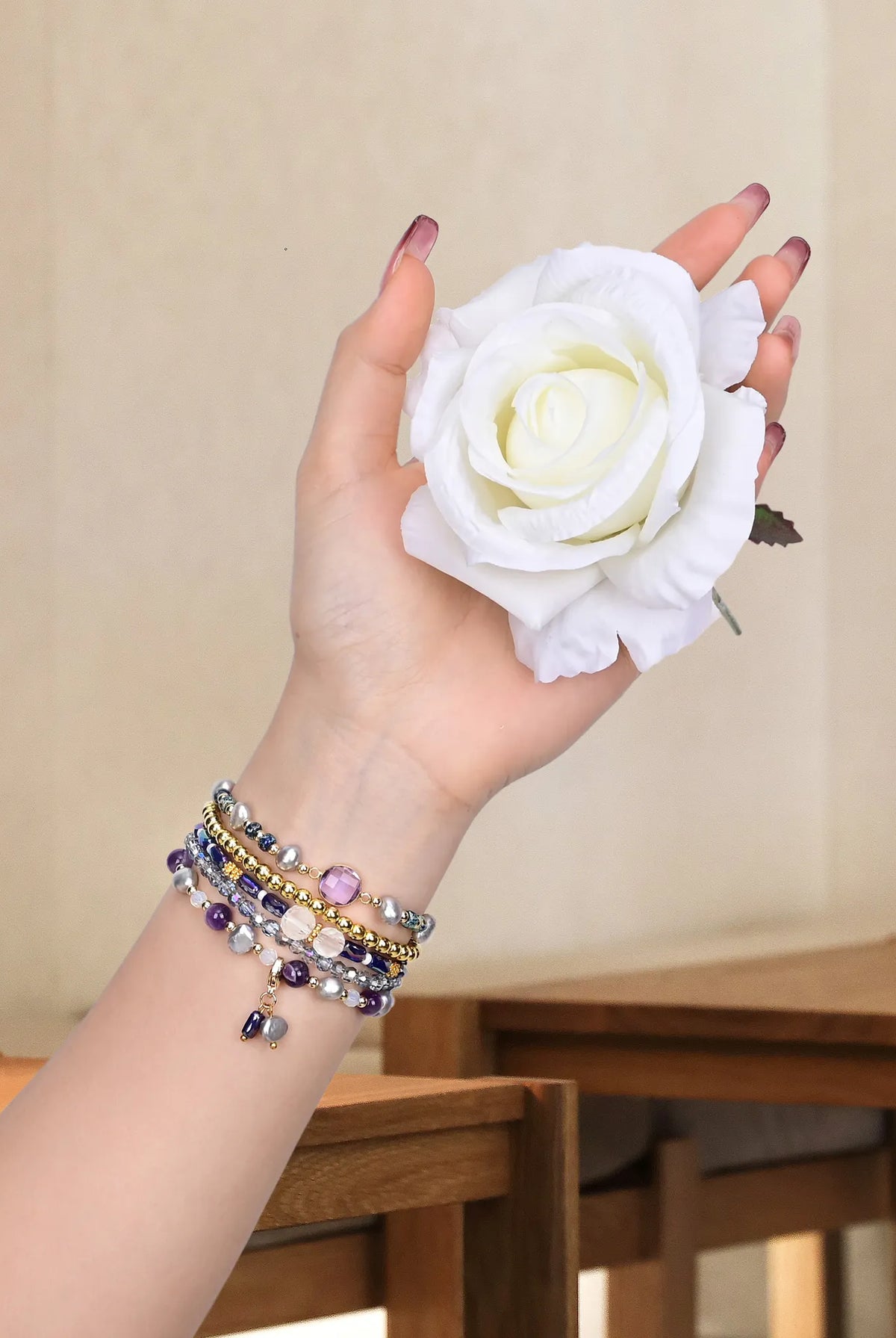 Amethyst Boho Beaded Apple Watch Band - Handmade Gemstone Smartwatch - side view