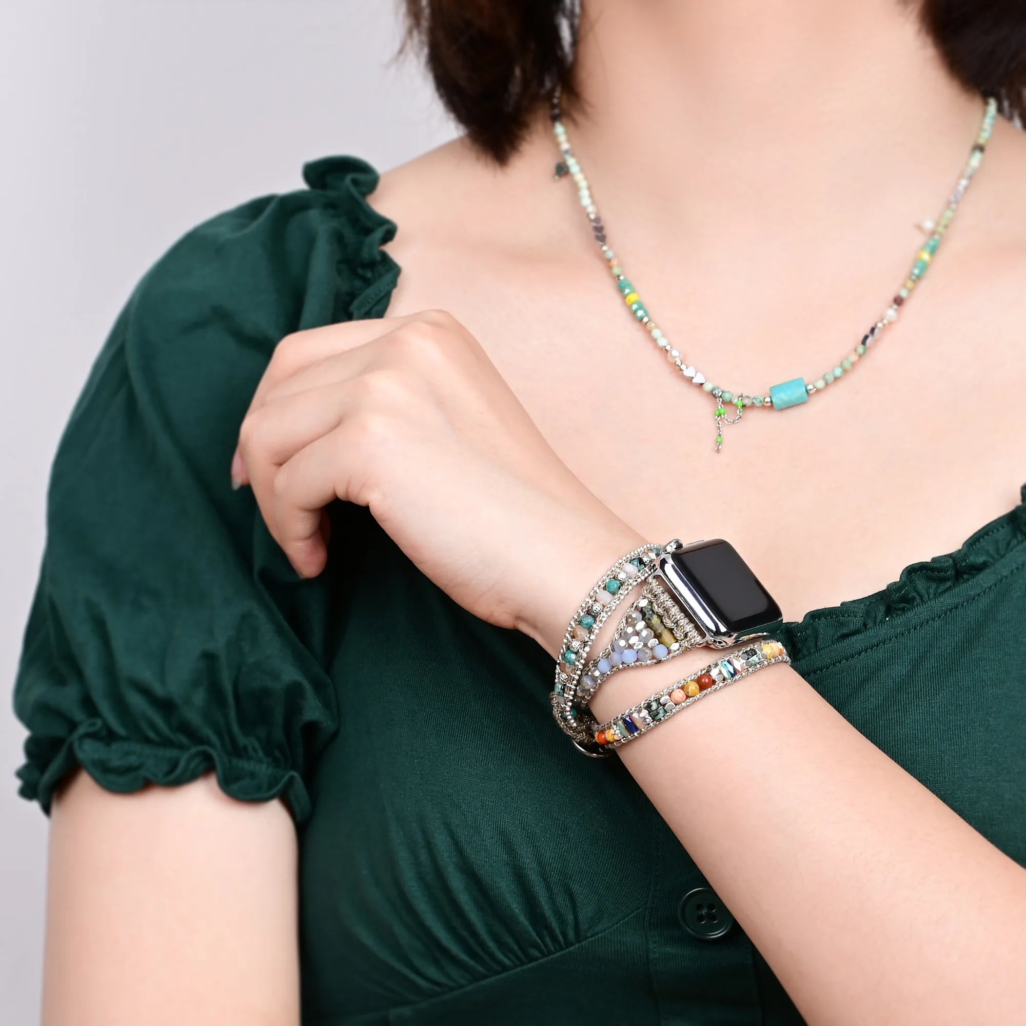 africa turquoise beaded apple watch band - 3-layer natural africa turquoise smartwatch strap - handmade turquoise bracelet watch band - turquoise crystal apple watch band for women - adjustable africa turquoise smartwatch strap - turquoise gemstone smart band close-up - boho africa turquoise crystal band - elegant turquoise watch strap on wrist - africa turquoise energy healing watch band - natural stone turquoise band for smartwatches