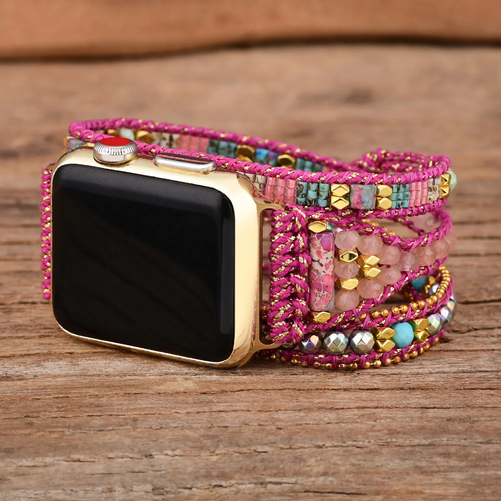 rose quartz beaded apple watch band - 3-layer natural rose quartz smartwatch strap - handmade rose quartz bracelet watch band - rose quartz crystal apple watch band for women - adjustable rose quartz smartwatch strap - rose quartz gemstone smart band close-up - boho rose quartz crystal band - elegant rose quartz watch strap on wrist - rose quartz energy healing watch band - natural stone rose quartz band for smartwatches
