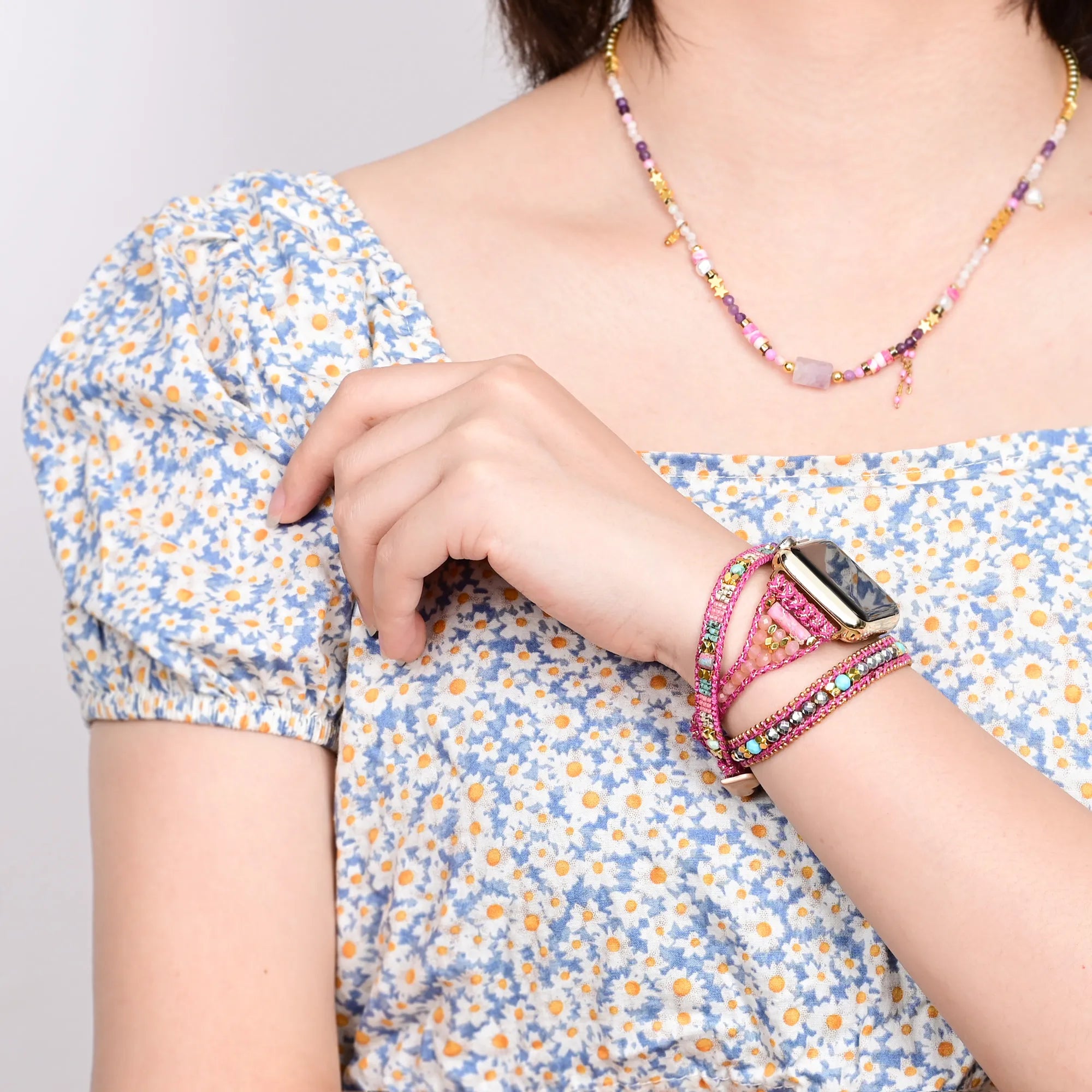 handmade 3-layer rose quartz watch band - boho rose quartz apple watch band for women - natural rose quartz crystal smartwatch strap - elegant rose quartz gemstone watch band - adjustable rose quartz smartwatch strap - rose quartz crystal watch band on display - close-up of rose quartz beaded watch band - natural rose quartz bracelet strap - handmade rose quartz crystal band - rose quartz smartwatch band with crystals