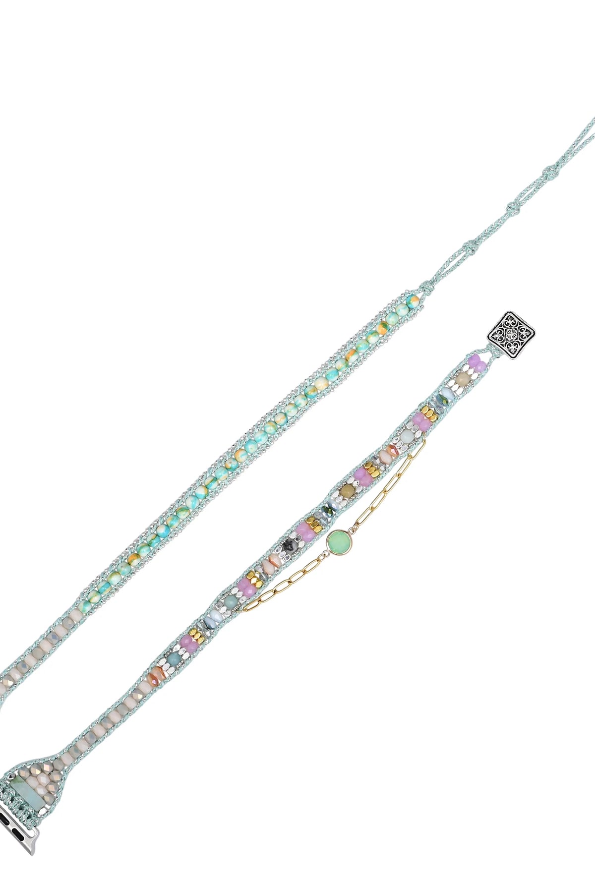 Green Round Crystal Apple Watch Band - Handmade Boho Beaded - detail view