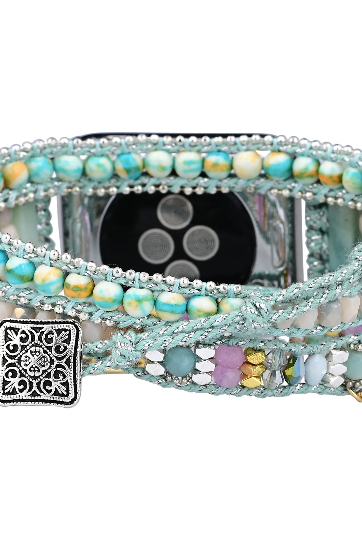 Green Round Crystal Apple Watch Band - Handmade Boho Beaded - close-up