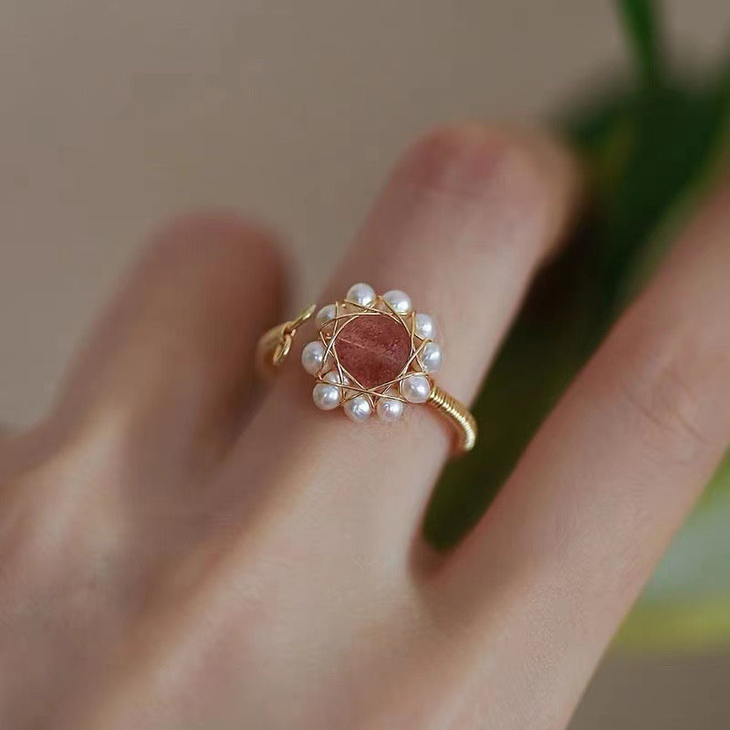 Vintage Oval Rose Quartz Pearl Waving Beaded Engagement Ring 14k Rose Gold Marquise Moissanite Ring Nature Inspired Ring, Art for Women - view 2 of 4