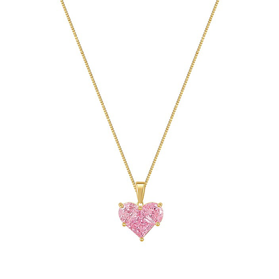 14K Gold Plated Pink Heart Cut Birthstone Halo Pendant for Women Girls Birthday Jewelry, Heart Design Elegant Jewelry Pink Love