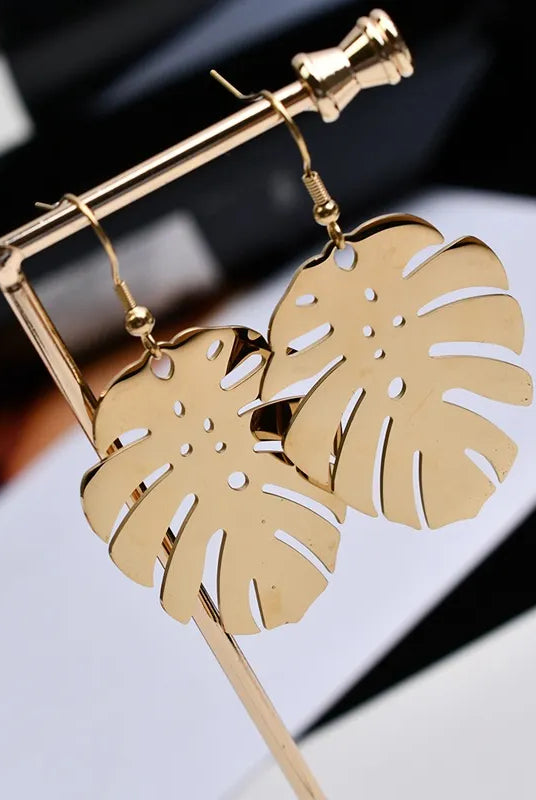 Gold Dangle Earrings - Handmade Unique Leaf Earrings - angle view