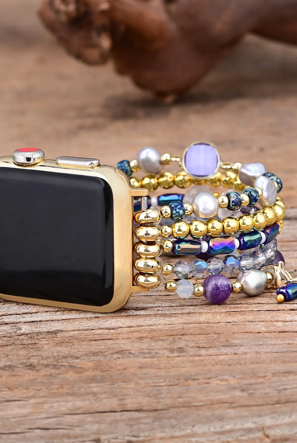 Amethyst Boho Beaded Apple Watch Band - Handmade Gemstone Smartwatch - close-up