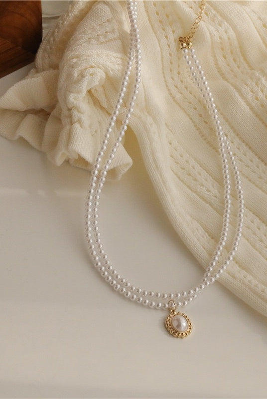 Vintage Double Layer Pearl Necklace - Golden Necklace - 18k Gold Plated - angle view