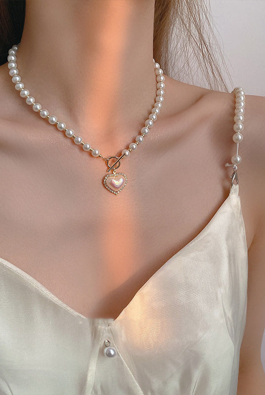 Pearl Necklace with Gold Heart - Love Necklace - Freshwater Pearl - angle view
