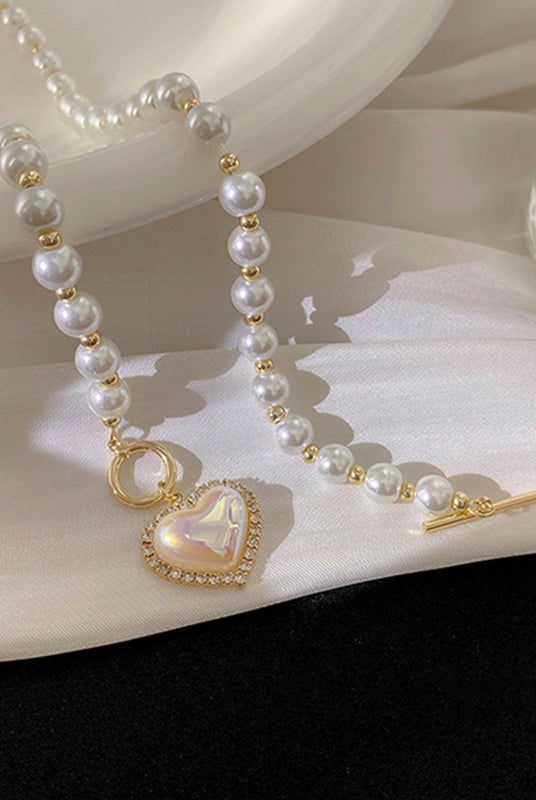 Pearl Necklace with Gold Heart - Love Necklace - Freshwater Pearl - side view
