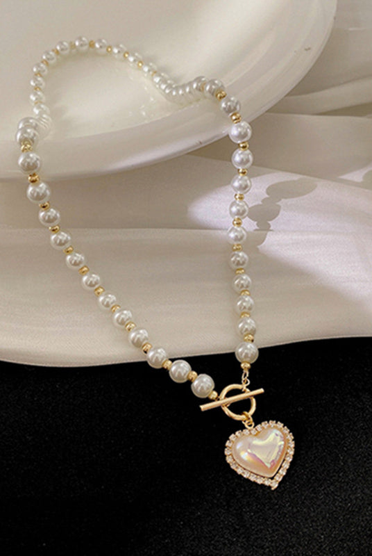 Pearl Necklace with Gold Heart - Love Necklace - Freshwater Pearl - close-up