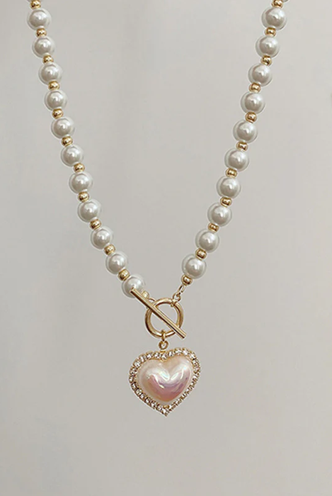 Pearl Necklace with Gold Heart - Love Necklace - Freshwater Pearl