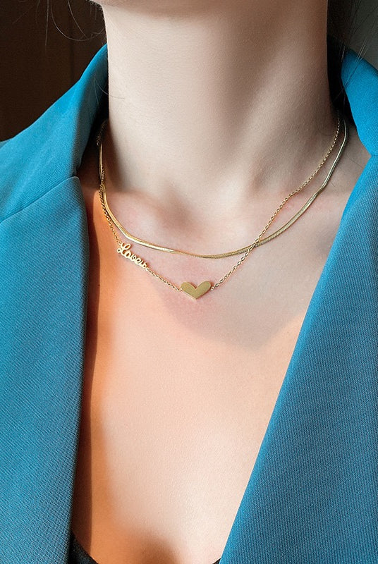 Simple and Sweet Plated Gold Heart-shaped Necklace - Double-layer - detail view
