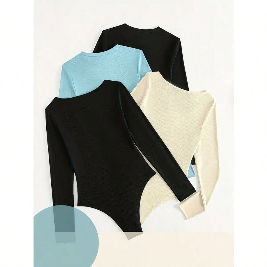 Casual Long Sleeve Slim Bodysuit, Women's Clothing 4 PACKS Blue+White+black, XL - view 4 of 9