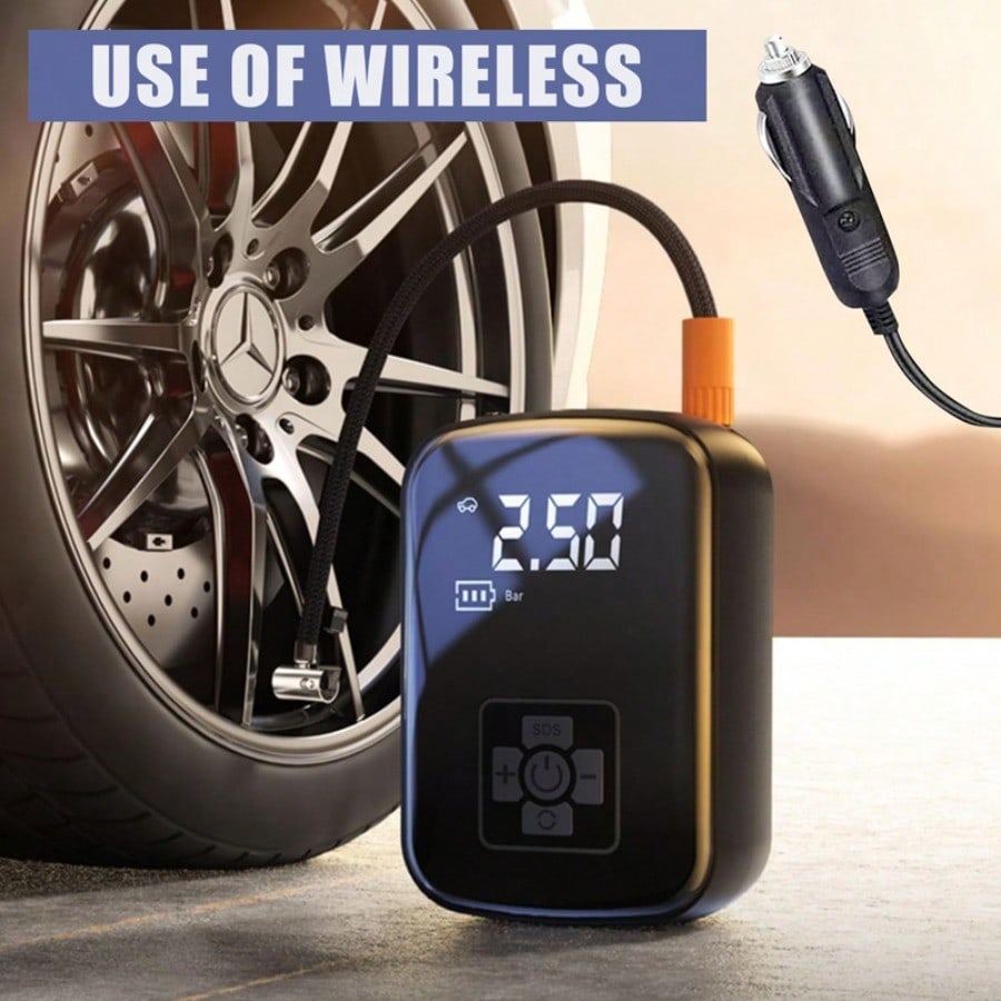 Portable Car Tire Inflator, Wireless Air Pump with Digital Display, Auto Stop Inflation, Emergency SOS Light, 12V DC/Rechargeable for Car, Motorcycle, Bike, Balls - view 4 of 7