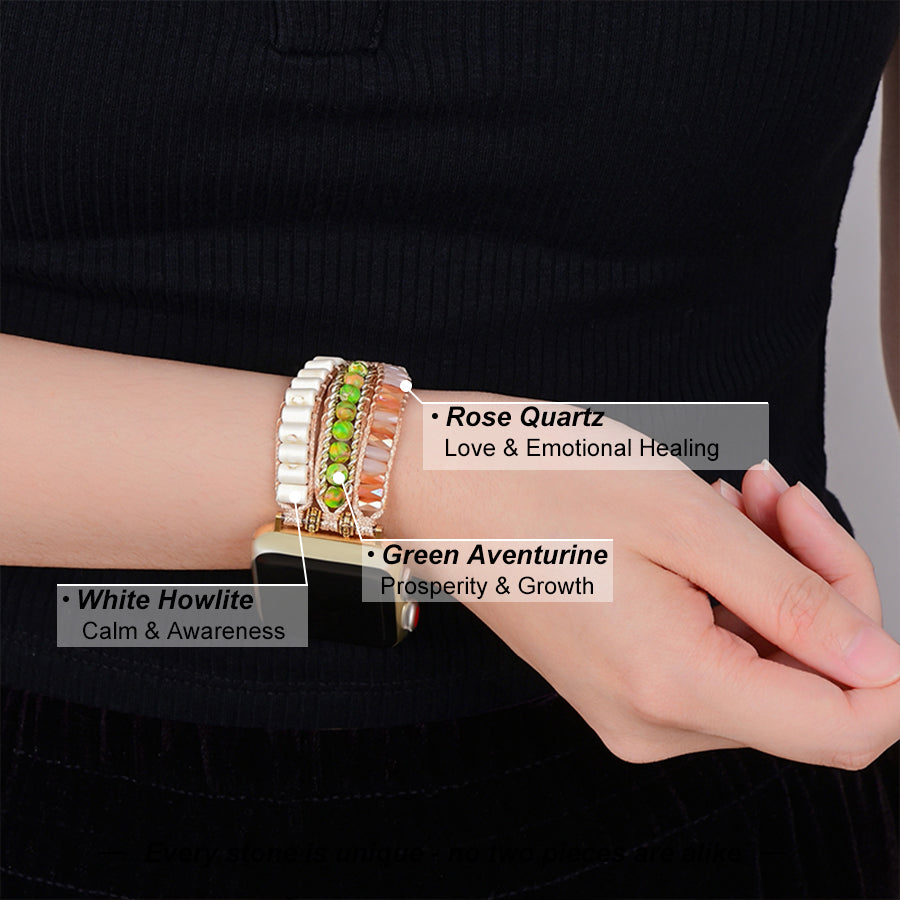 Tiger Eye Beaded Band, 3-Layer Elastic Stretchy Smart Watch Strap with Gold Decor, Compatible with iWatch Series 1-9/SE/Ultra 1-2, Fashion Boho Wristband for Women Men - view 2 of 12