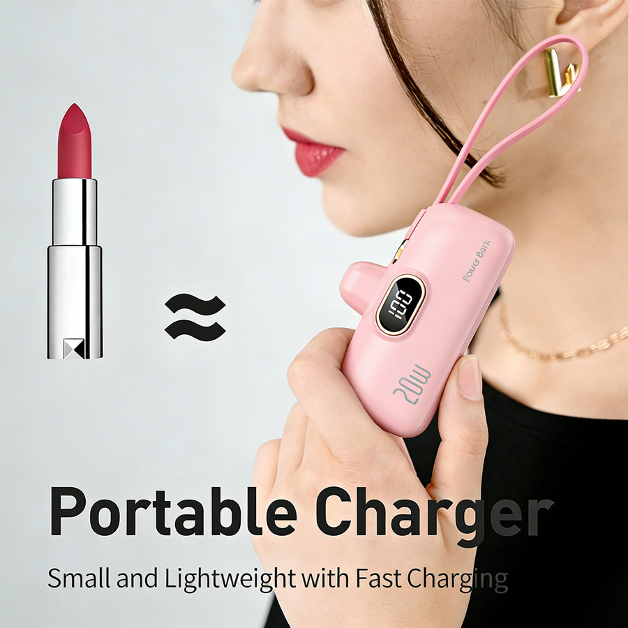 Portable Power Bank (5000mAh) — Supports PD Fast Charging, Compact Direct-Plug Design, with LED Display; Compatible with iOS and Android Phones, Includes Type-C Plug and Charging Cable (1-Pack) — pink - view 1 of 8
