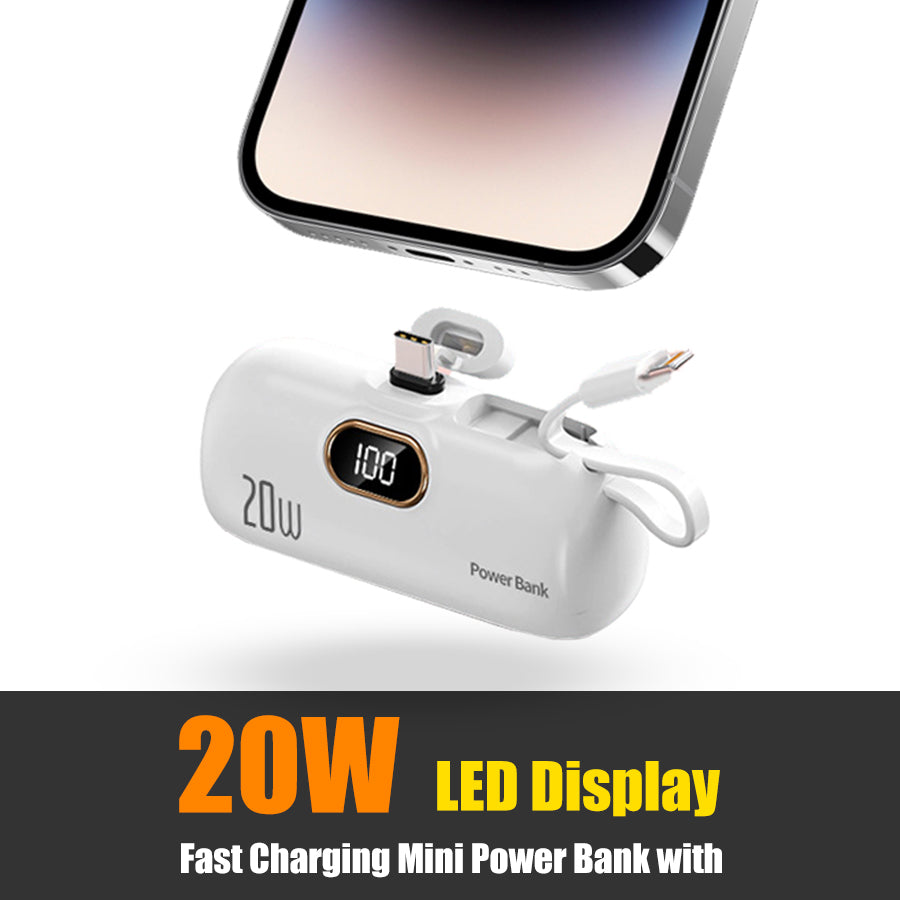 Portable Power Bank (5000mAh) — Supports PD Fast Charging, Compact Direct-Plug Design, with LED Display; Compatible with iOS and Android Phones, Includes Type-C Plug and Charging Cable (1-Pack) — white - view 2 of 8
