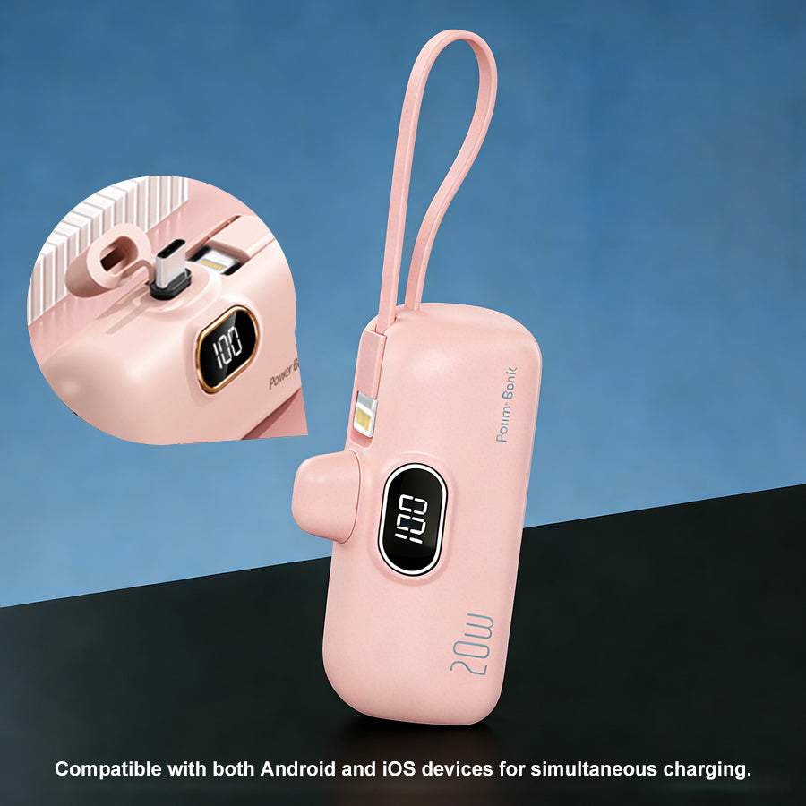 Portable Power Bank (5000mAh) — Supports PD Fast Charging, Compact Direct-Plug Design, with LED Display; Compatible with iOS and Android Phones, Includes Type-C Plug and Charging Cable (1-Pack) — pink - view 2 of 8