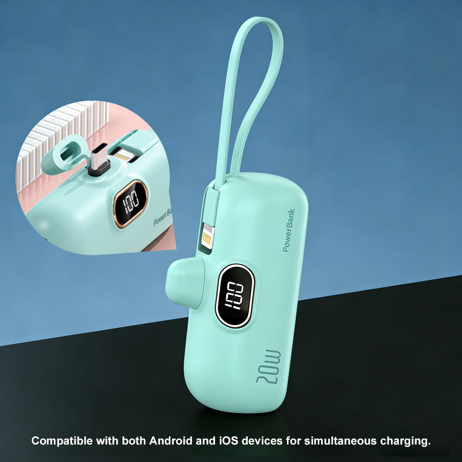 Portable Power Bank (5000mAh) — Supports PD Fast Charging, Compact Direct-Plug Design, with LED Display; Compatible with iOS and Android Phones, Includes Type-C Plug and Charging Cable (1-Pack) — green - view 2 of 8