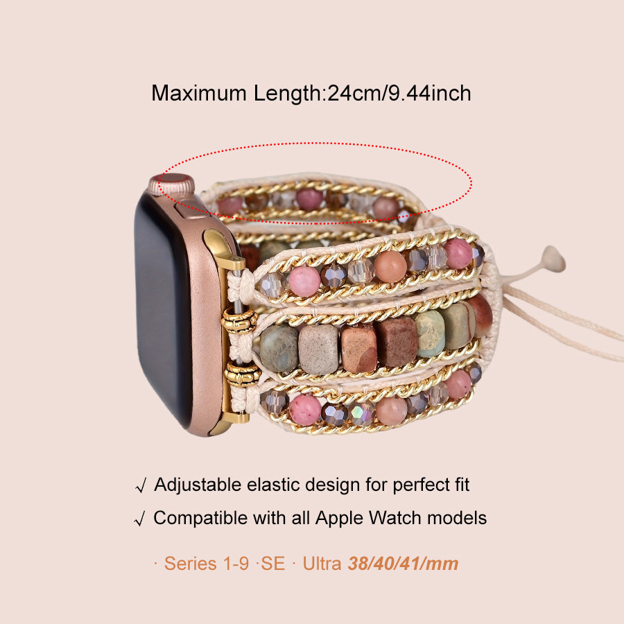 Tiger Eye Beaded Band, 3-Layer Elastic Stretchy Smart Watch Strap with Gold Decor, Compatible with iWatch Series 1-9/SE/Ultra 1-2, Fashion Boho Wristband for Women Men - view 10 of 15
