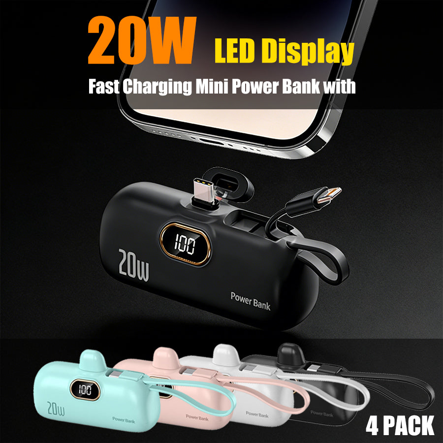 Portable Power Bank (5000mAh) — Supports PD Fast Charging, Compact Direct-Plug Design, with LED Display; Compatible with iOS and Android Phones, Includes Type-C Plug and Charging Cable (4-Pack) - view 3 of 5