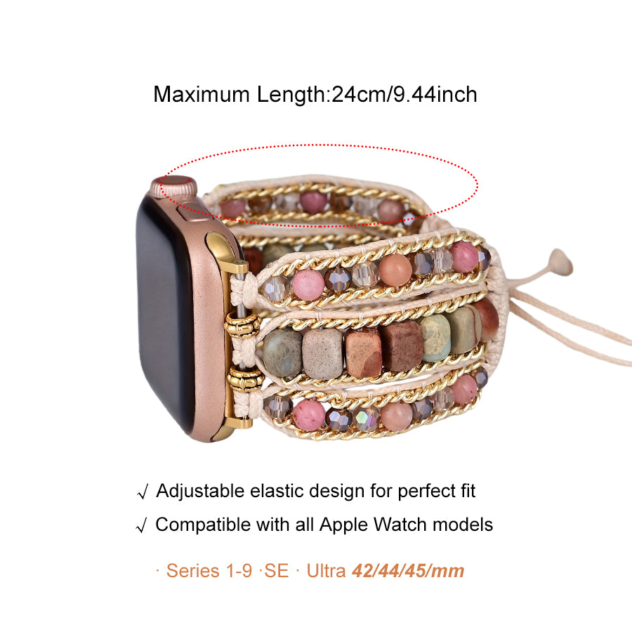 Tiger Eye Beaded Band, 3-Layer Elastic Stretchy Smart Watch Strap with Gold Decor, Compatible with iWatch Series 1-9/SE/Ultra 1-2, Fashion Boho Wristband for Women Men - view 14 of 15