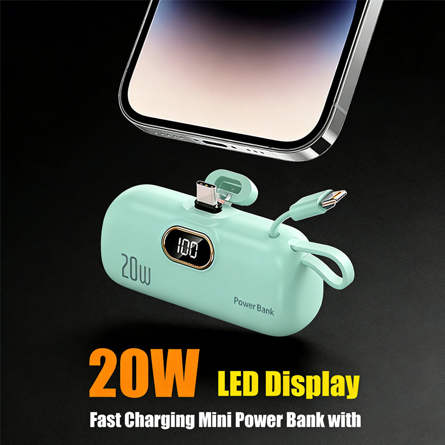 Portable Power Bank (5000mAh) — Supports PD Fast Charging, Compact Direct-Plug Design, with LED Display; Compatible with iOS and Android Phones, Includes Type-C Plug and Charging Cable (1-Pack) — green - view 4 of 8